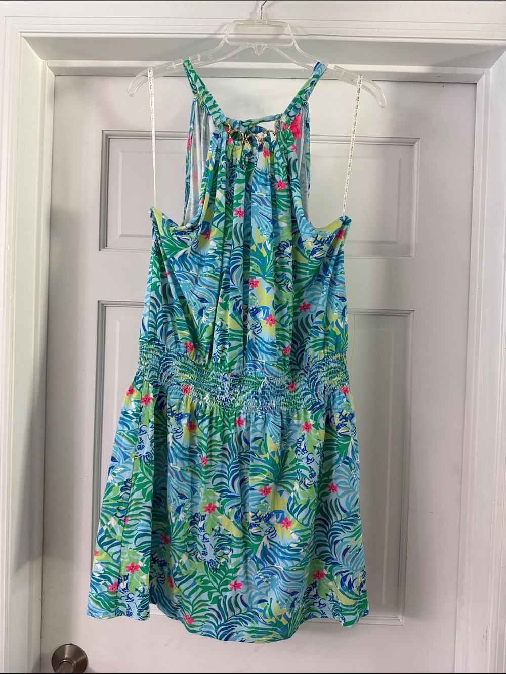 Lilly Pulitzer Blue Tropical Print women’s Romper dress with Green/Pink Accents